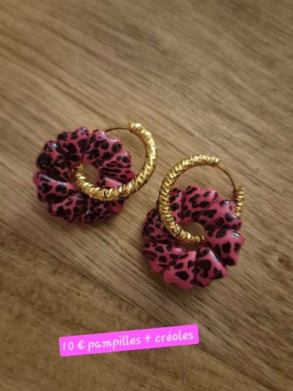 Pampilles et créoles fleur Léopard rose 🐆🎀🩷