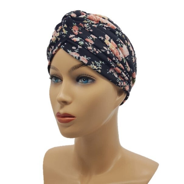 Luxe chemo muts - 503 - Zwarte bloemenprint