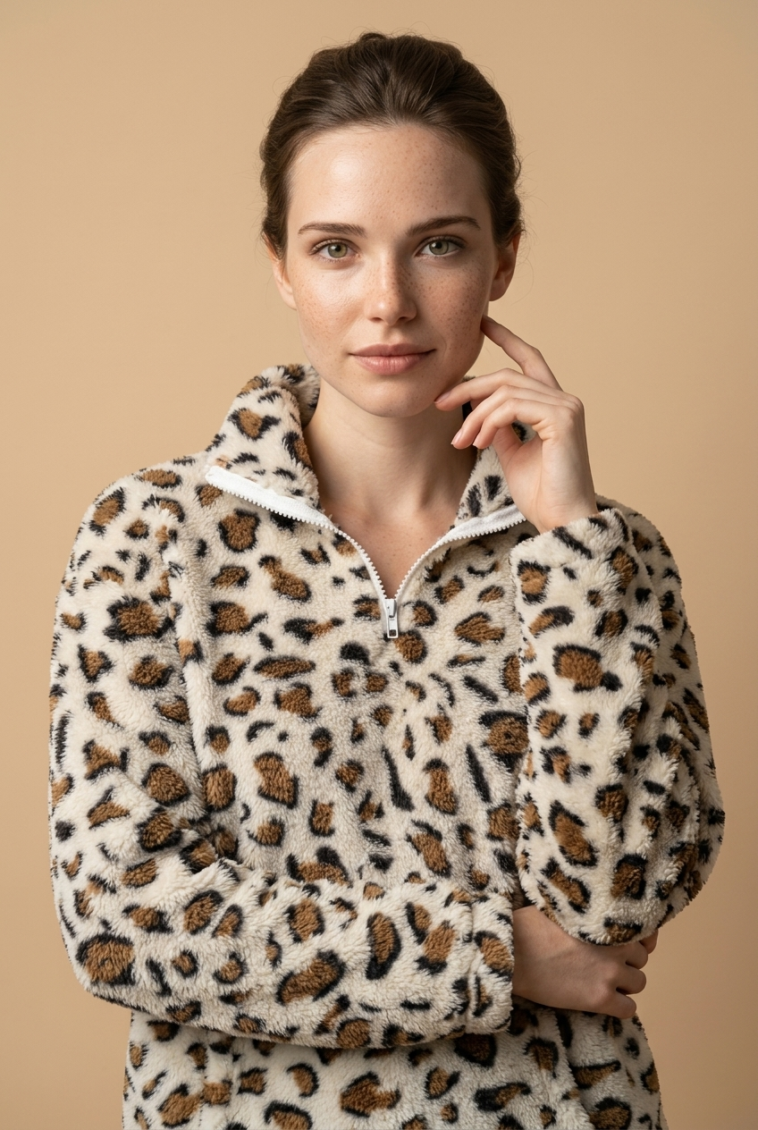 Fleece trui Leopard, Crème/Bruin