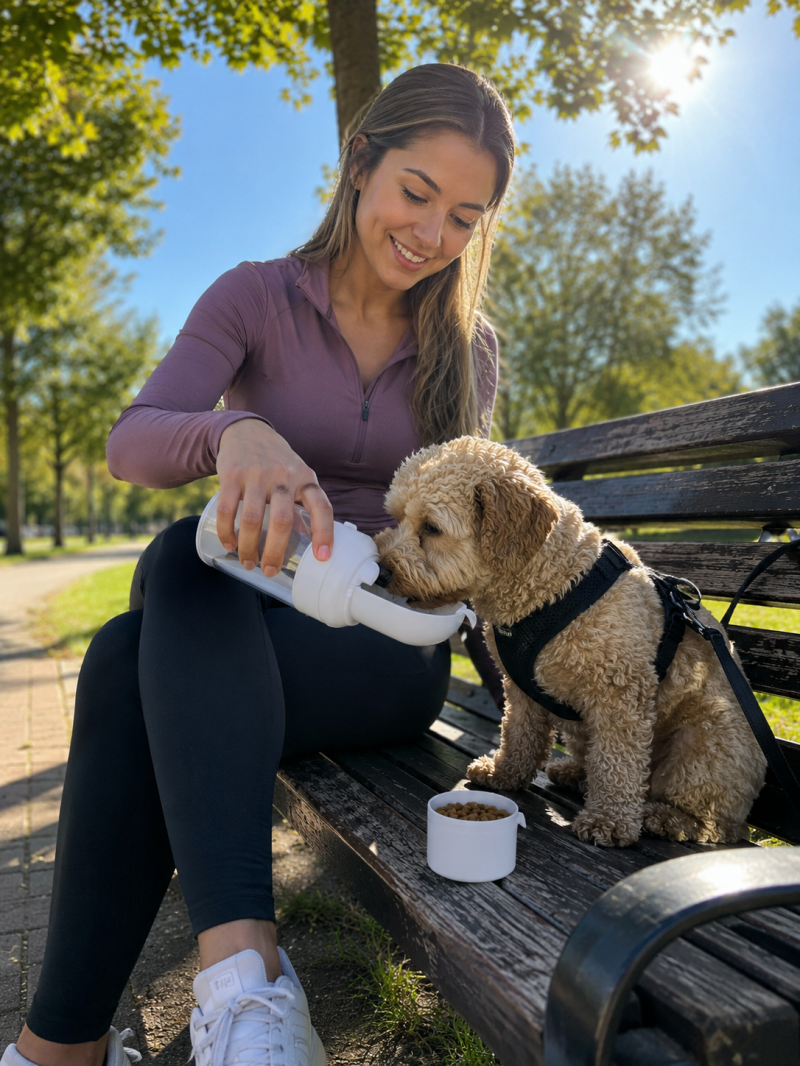 Hond drinkt uit een handige hondenwaterfles voor onderweg 