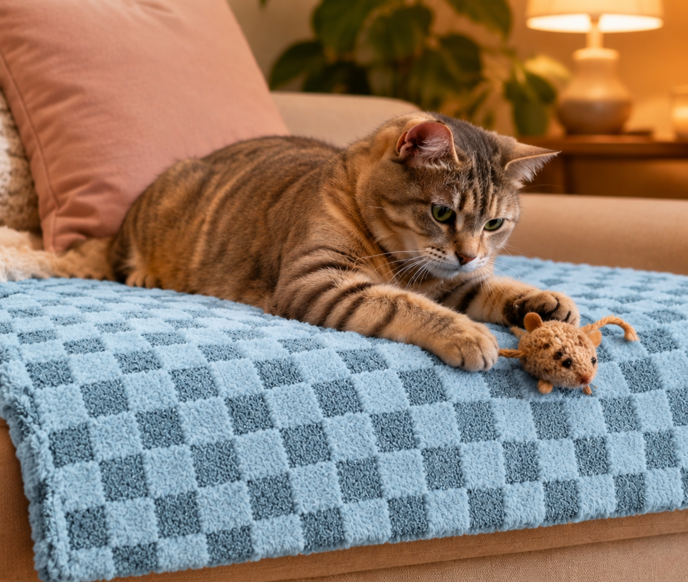 Poes ligt op de bank op een handgemaakt fluffy kattenkleedje met blauwe blokjesprint 
