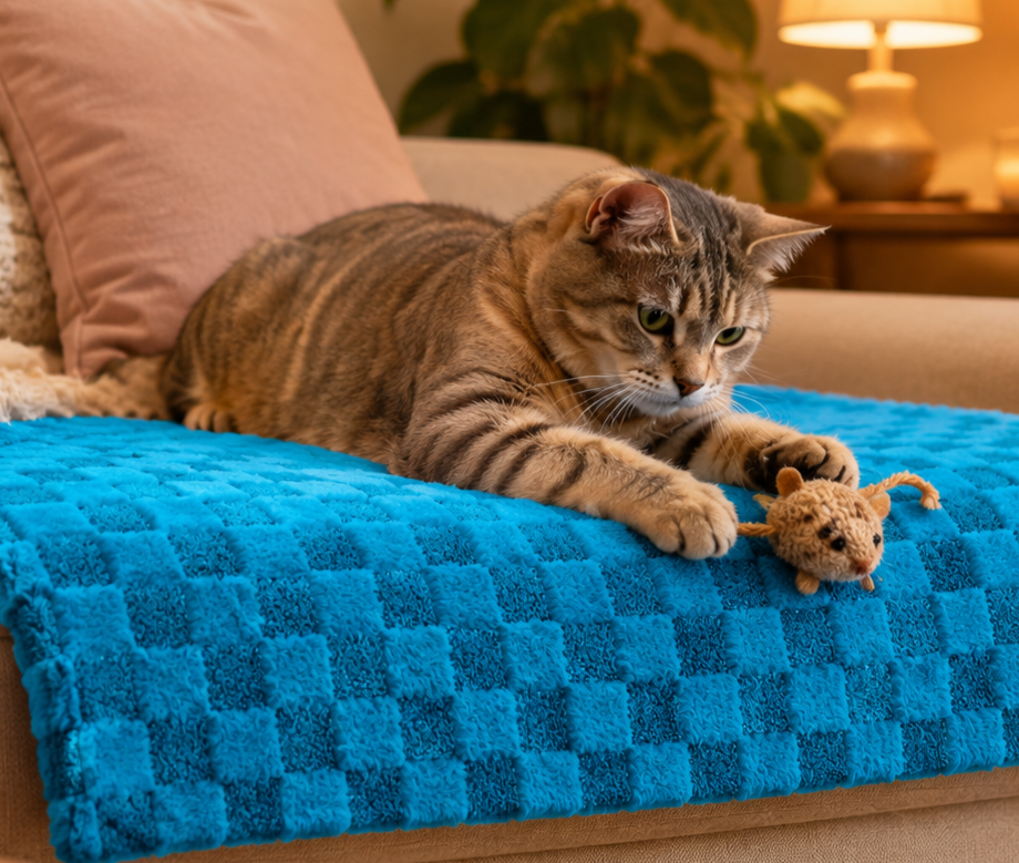 Poes ligt op de bank op een handgemaakt fluffy kattenkleedje met blauwe blokjesprint 