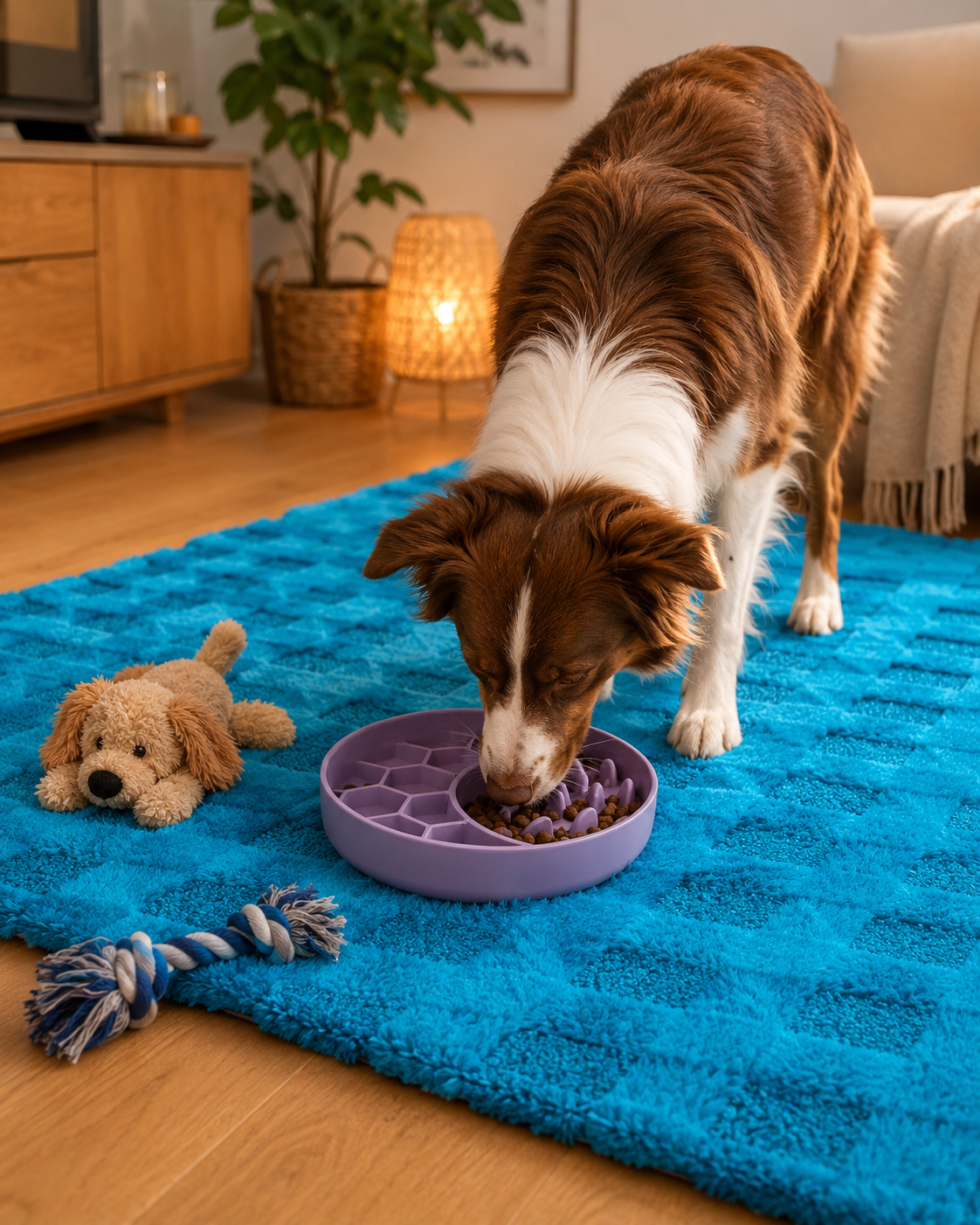 Hond eet brokjes uit een slowfeeder op een handgemaakt fluffy hondenkleedje met blauwe blokjesprint 