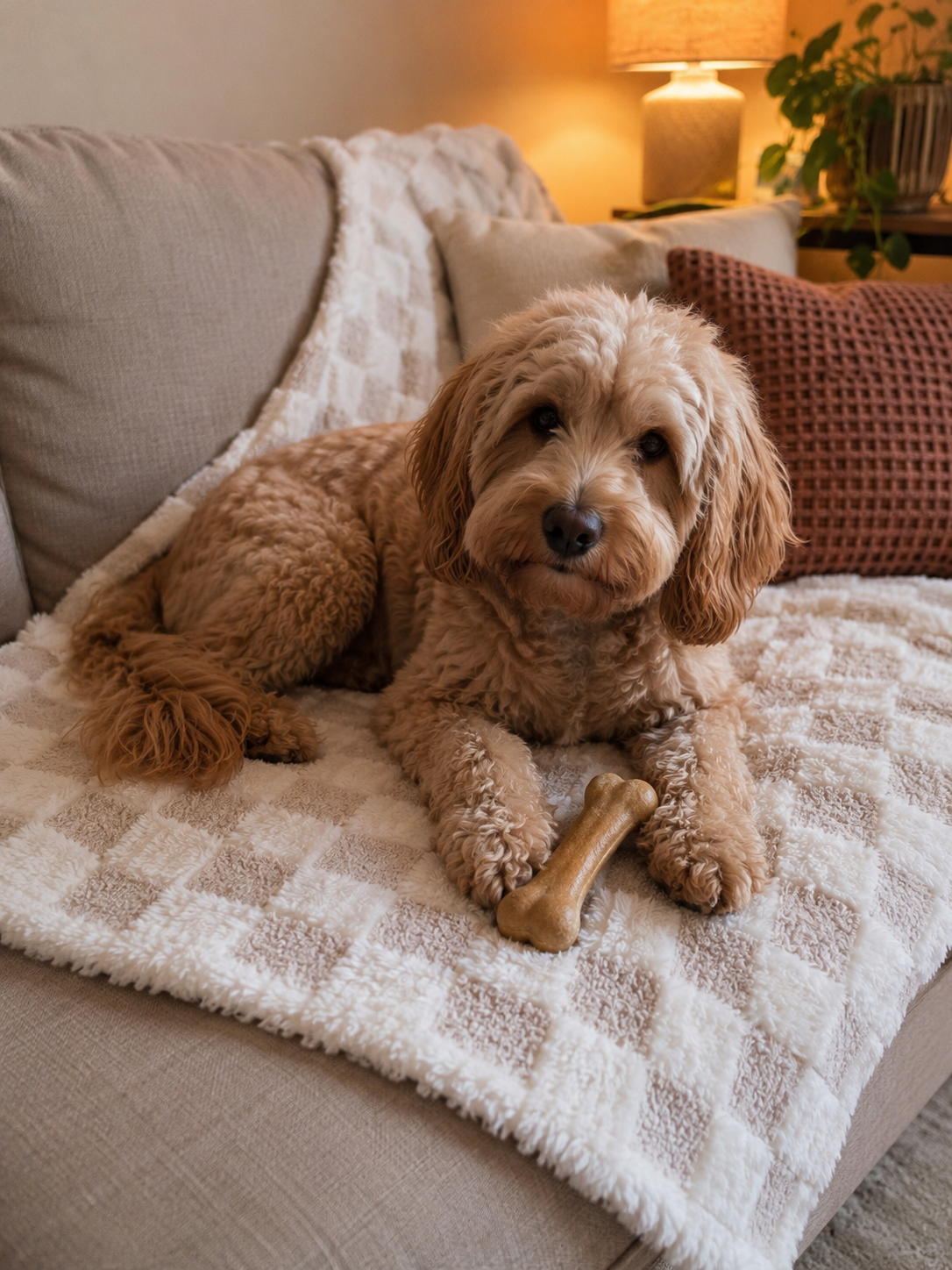 Hond ligt comfortabel op een handgemaakt fluffy  hondenkleedje met beige en crème blokjesprint