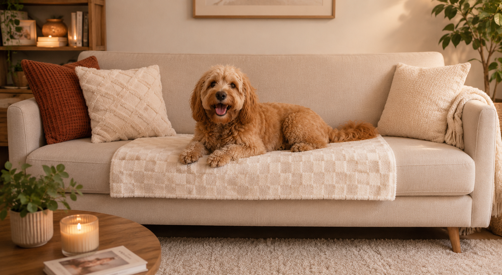 Hond ligt op de bank op een handgemaakt fluffy hondenkleedje met beige en crème blokjesprint 