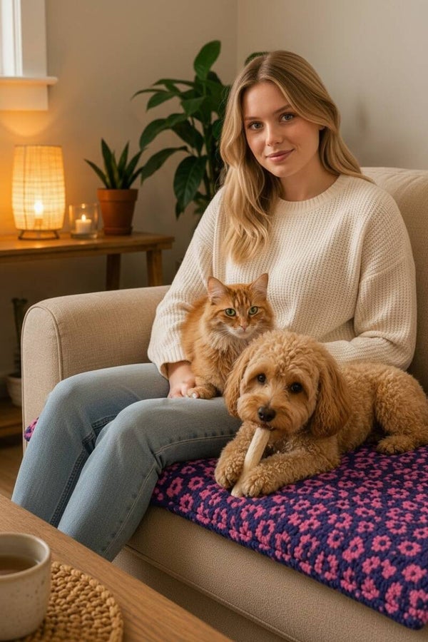 Luxe Teddy Hondendeken / Kattendeken voor Bank, Auto & onderweg - Roze/blauw print