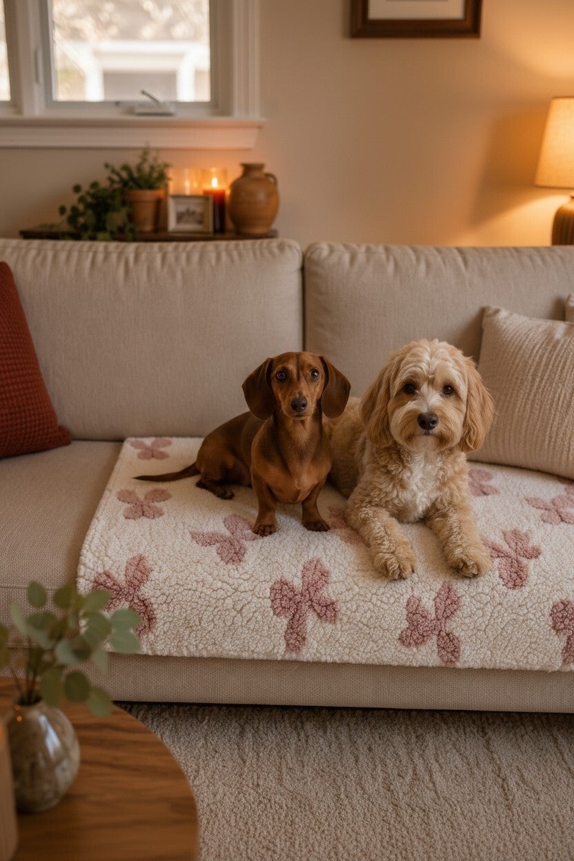 Hond ligt op de bank op een handgemaakt fluffy hondendeken met beige en crème blokjesprint 