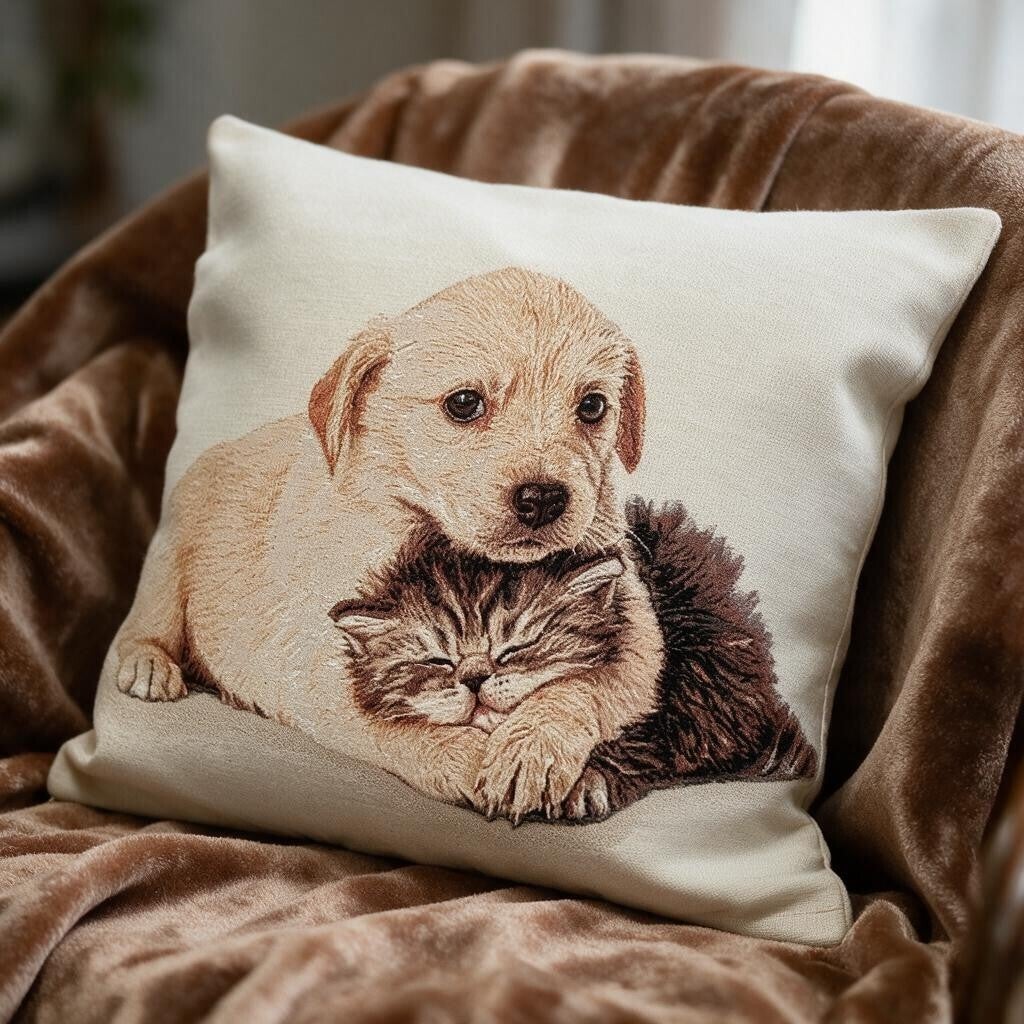 Sierkussen Pup met Kitten