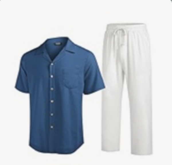 Men Casual Beach 2 Pc Sets-Navy Blue & White