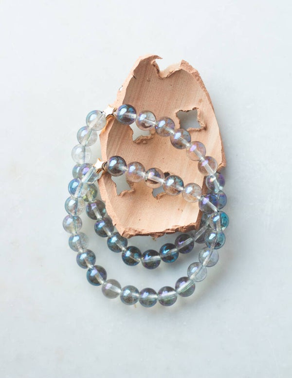AQUA AURA QUARTZ & GOLD-PLATED HEMATITE STAR CHARM BRACELET