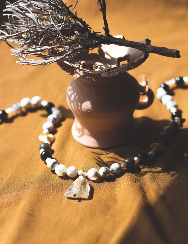 DENDRITIC OPAL, OBSIDIAN & RUTILATED QUARTZ NECKLACE