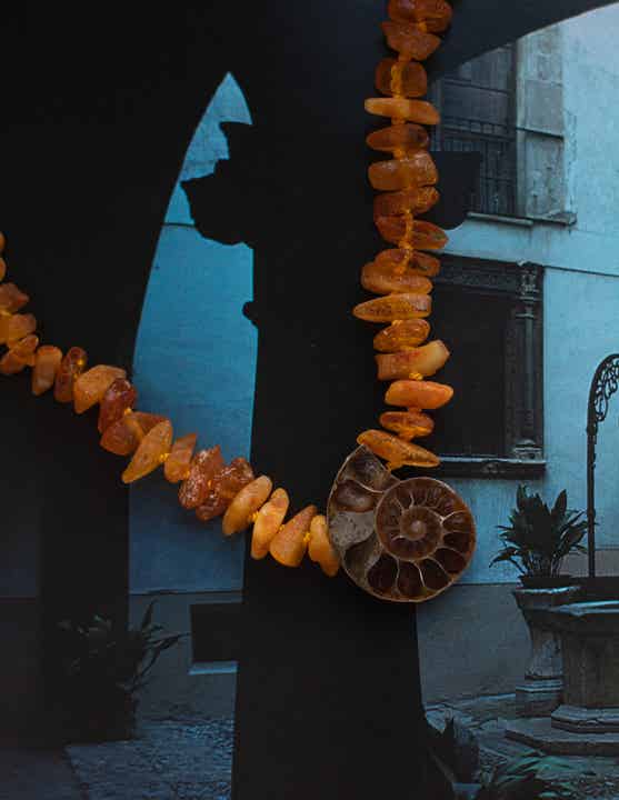 Hand-Knotted Amber Nugget Necklace with Ammonite Fossil Pendant