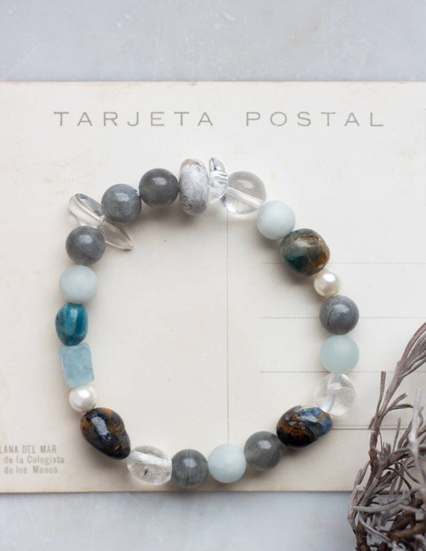 MIXED GEMSTONE BRACELET - APATITE, CLEAR QUARTZ, PEARL, PIETERSITE & LABRADORITE