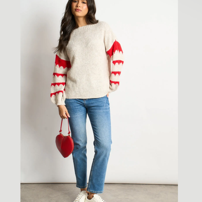 Striped Sleeve Italian Wool Blend Jumper in Cream/Red
