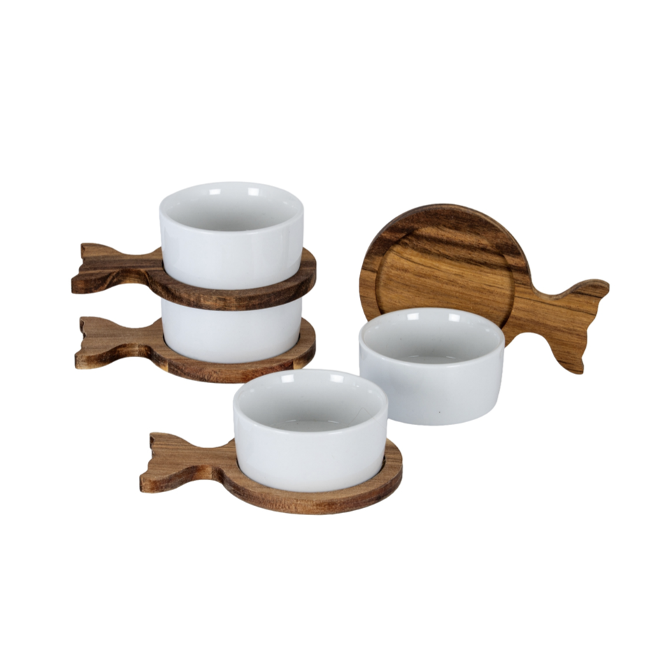 Set Of 4 Acacia Fishtail Serving Trays with Ceramic Bowls
