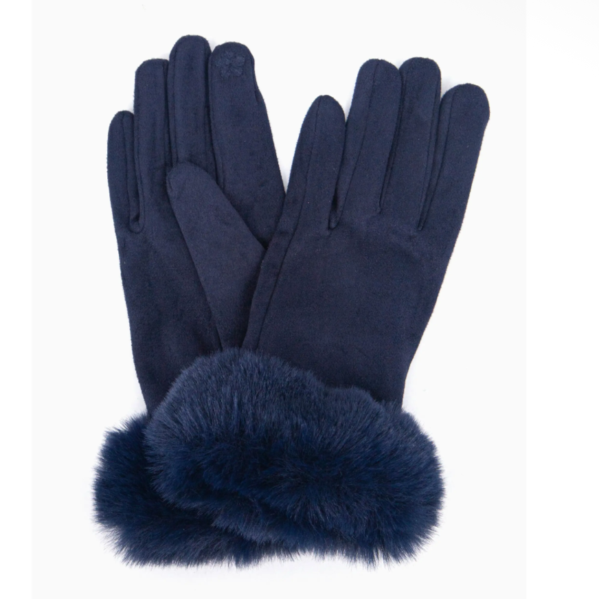 Zara Faux Fur Cuff Gloves - Navy Blue, Velvet