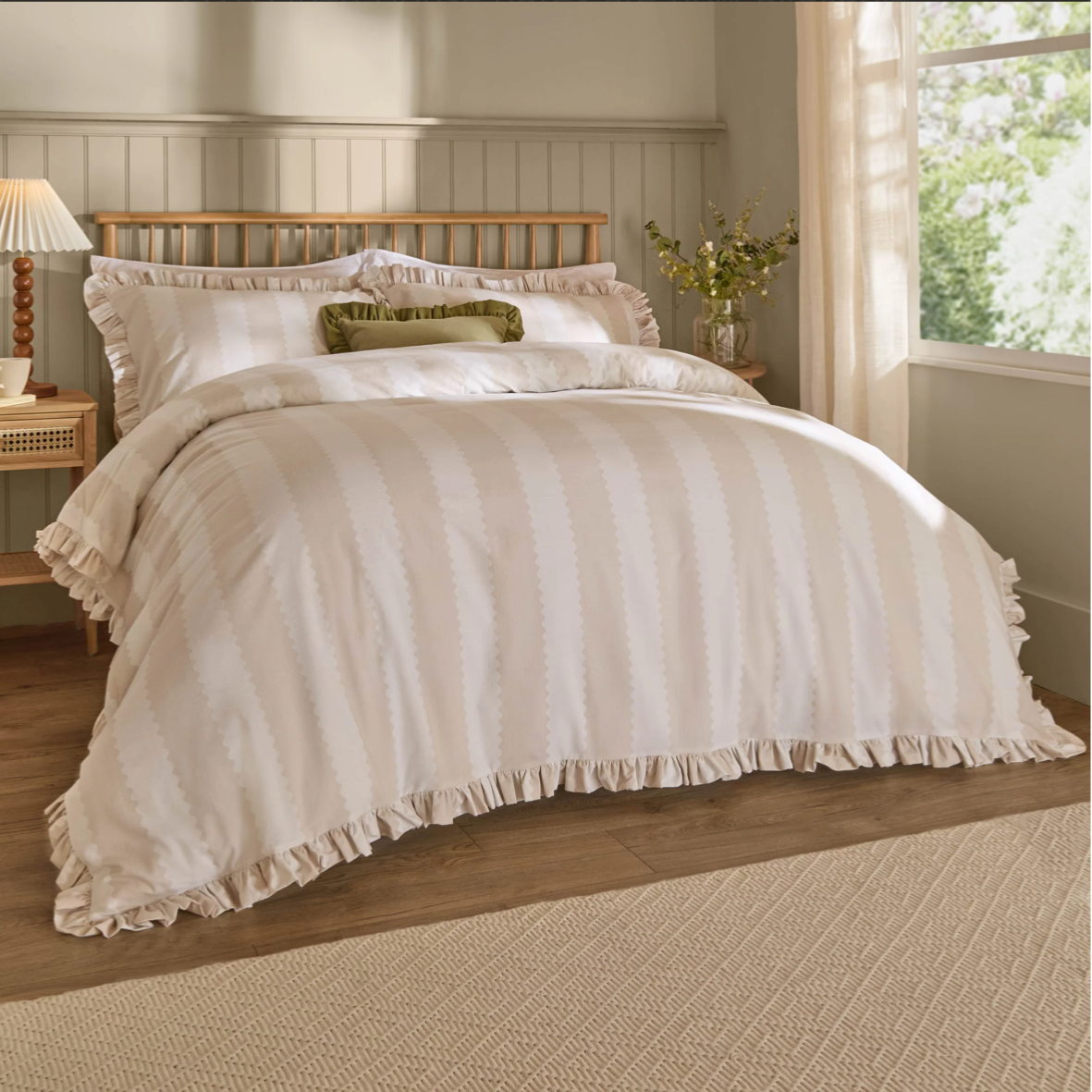 Birdie Stripe Ruffle Duvet Cover Set Oat/Milk