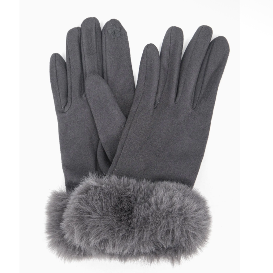 Zara Faux Fur Cuff Gloves - Dark Grey, Velvet