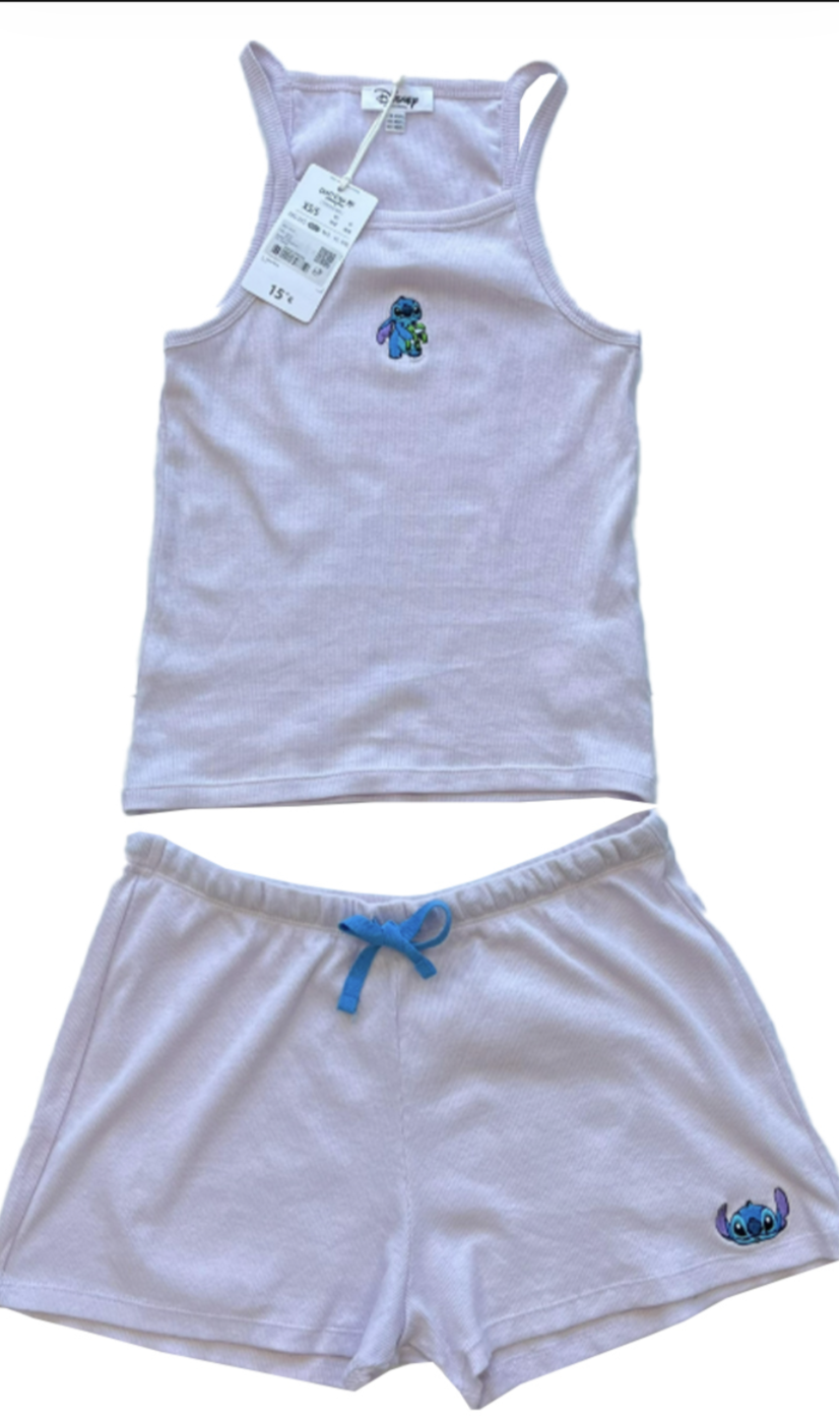 Ladies Lilac Disney Stitch Ribbed Stretch Short Pyjamas