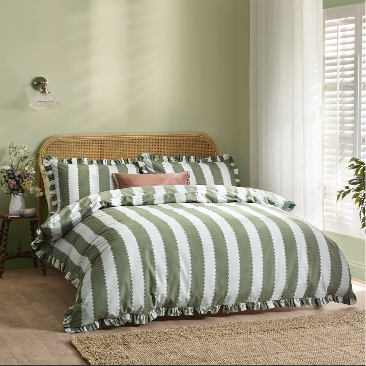 Birdie Stripe Ruffle Duvet Cover Set Bay Green/Mist