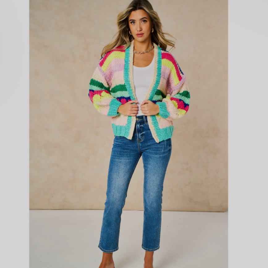 Hand Knitted Rainbow Striped Cardigan in Multi