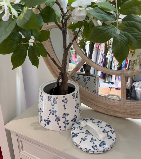 Blue and white ceramic storage jar
