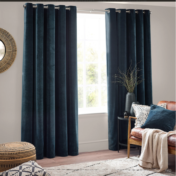 Heavy Chenille Velvet Room Darkening Eyelet Curtains Navy