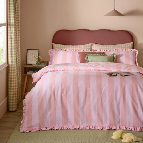 Birdie Stripe Ruffle Duvet Cover Set Pink/Raspberry
