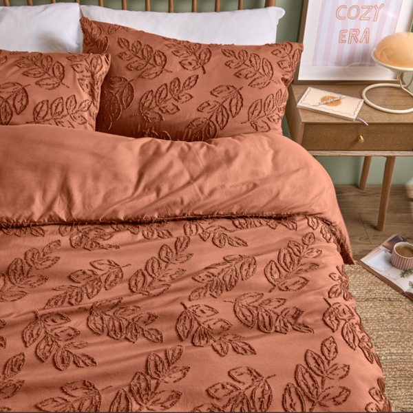 Seville Leaf Tufted Soft Touch Duvet Cover Set Rust