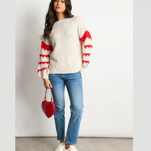 Striped Sleeve Italian Wool Blend Jumper in Cream/Red