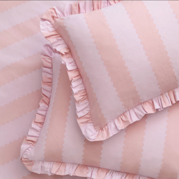 Birdie Stripe Ruffle Pillowcase Pair Pink/Raspberry