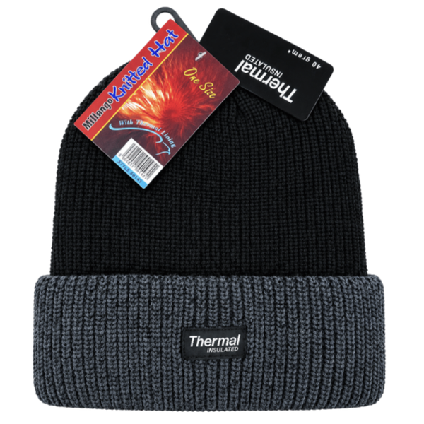 MENS THERMAL INSULATED BLACK KNITTED HAT WITH GREY TURN UP