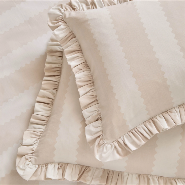 Birdie Stripe Ruffle Pillowcase Pair Oat/Milk