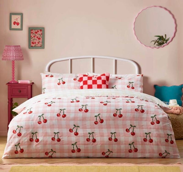 Cherry Gingham Printed Duvet Cover Set Pink