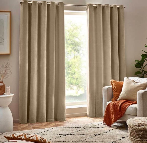 Heavy Chenille Velvet Room Darkening Eyelet Curtains Natural