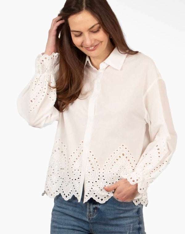 Hattie Long Sleeve Shirt - White, Broderie Anglaise