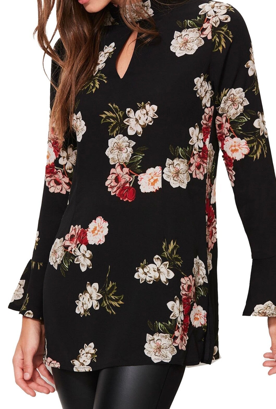 Sosander Floral Print Keyhole Detail Fluted Cuff Top