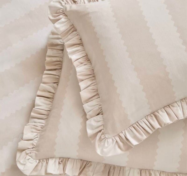 Birdie Stripe Ruffle Pillowcase Pair Oat/Milk