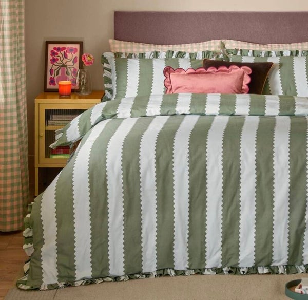 Birdie Stripe Ruffle Duvet Cover Set Bay Green/Mist