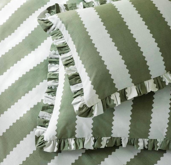 Birdie Stripe Ruffle Pillowcase Pair Bay Green/Mist