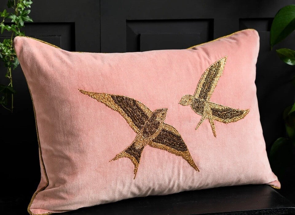 Beaded Love Birds Velvet Cushion Rose