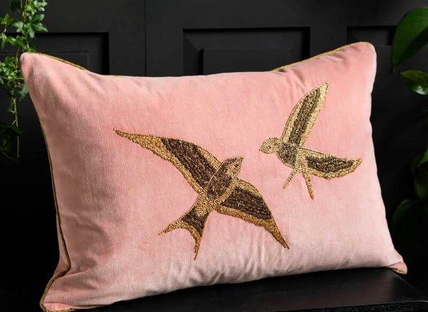 Beaded Love Birds Velvet Cushion Rose