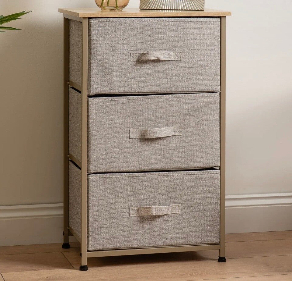 3 Drawer Beige Cabinet with Beige Fabric Drawers