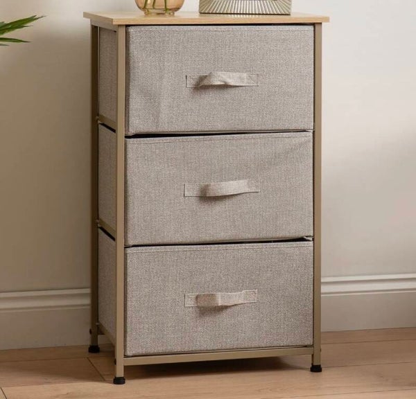 3 Drawer Beige Cabinet with Beige Fabric Drawers