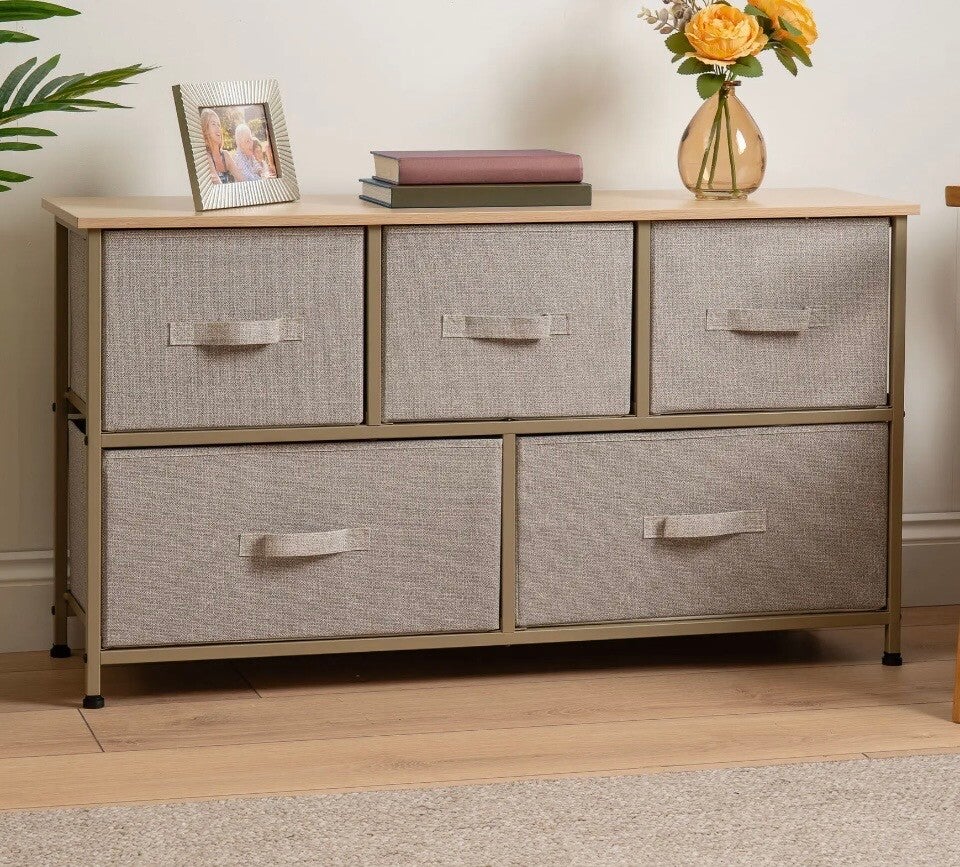 5 Drawer Beige Cabinet with Beige Fabric Drawers
