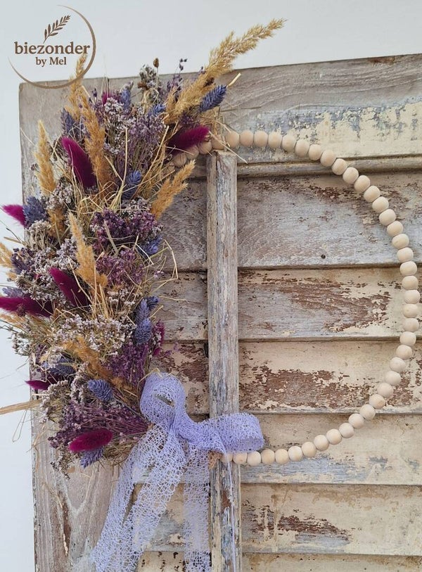 Herfst Droogbloemenkrans op Houten Kralenring (paars)