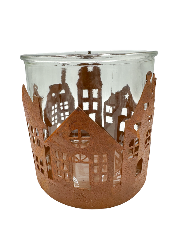 Roestkleurig metalen huisje met glas – sfeervolle kaarsenhouder voor warme winteravonden