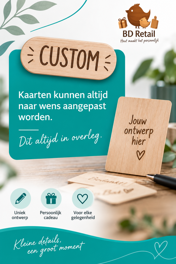 houten wenskaarten naar eigen wens gegraveerd  prijs per set