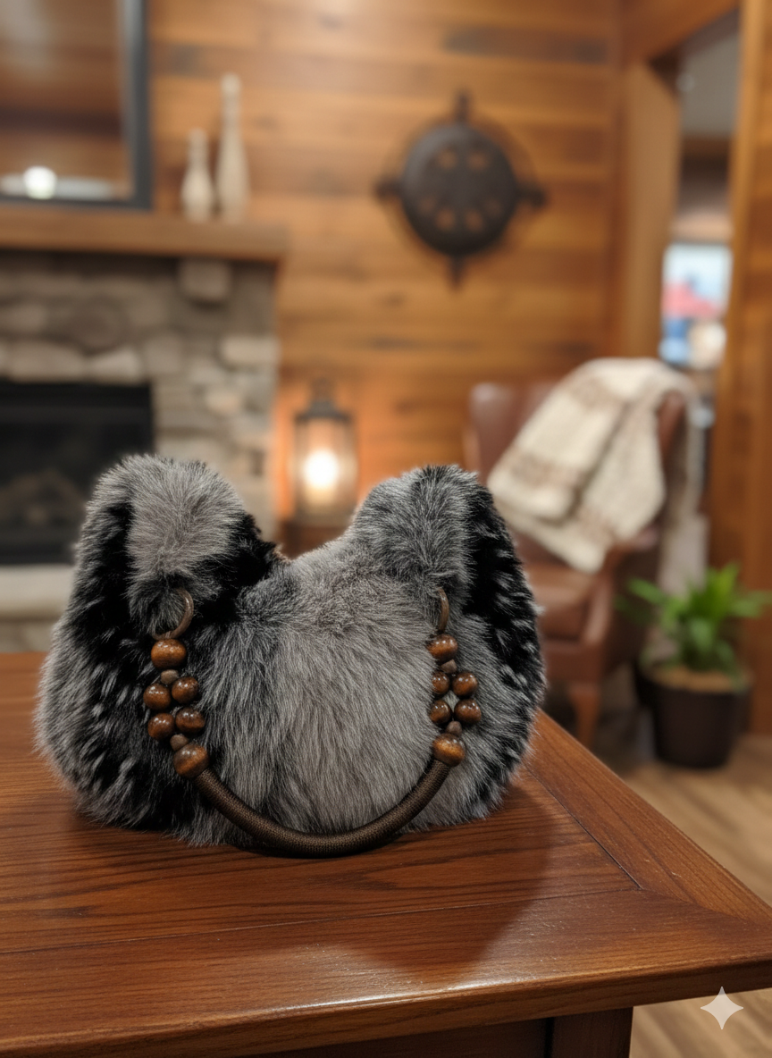 WINTER LUXE: Exclusieve Faux Fur Handtas met Natuurlijke Houten Kralen