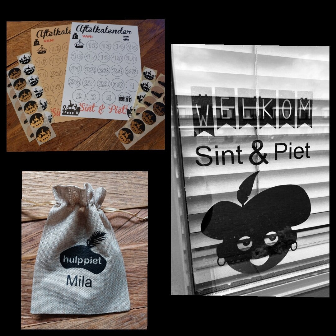 Voordeelpakket sinterklaas (Aftelkalender, raamsticker en pepernotenzakje met naam)